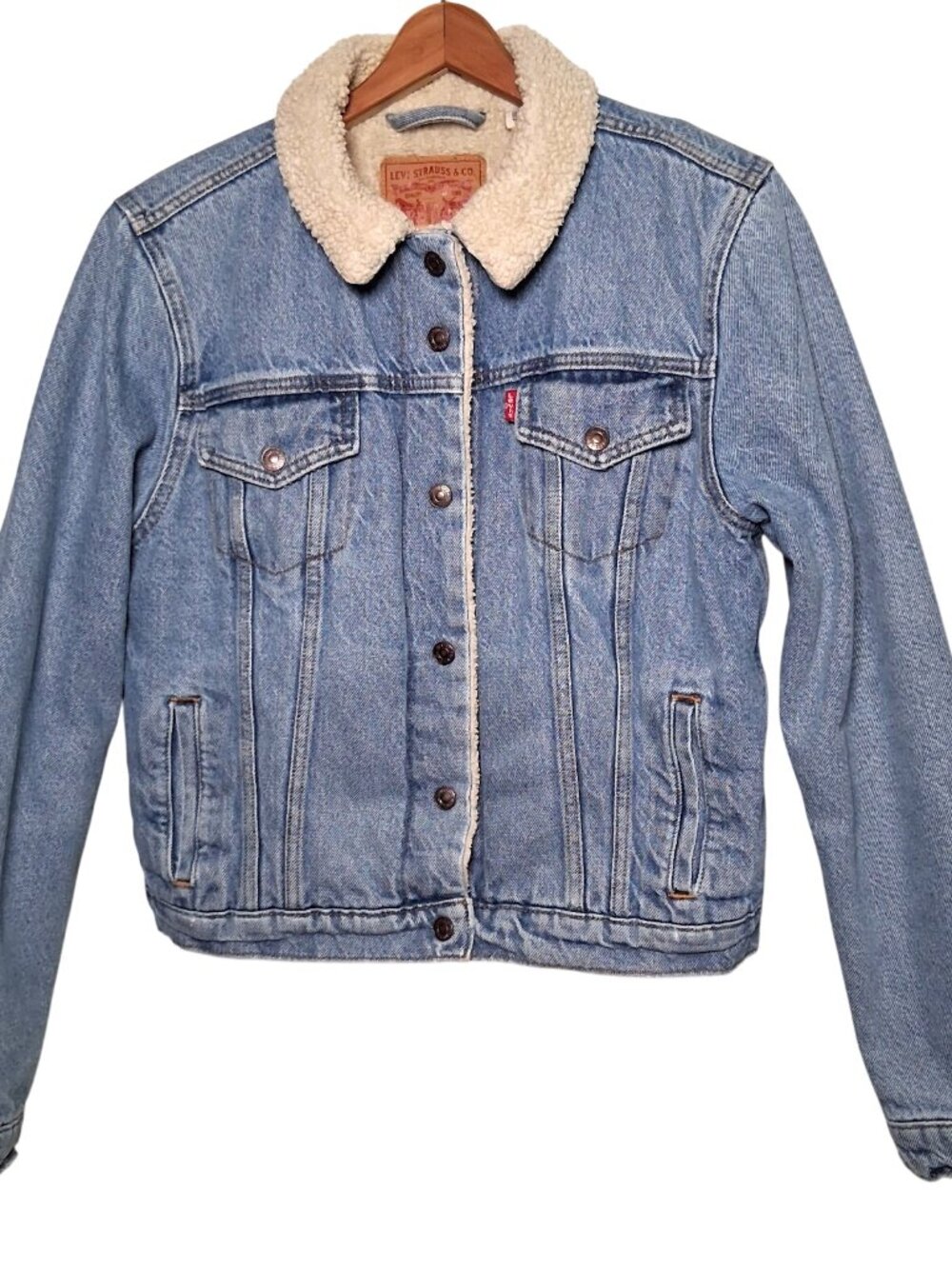 Levis Strauss Levis Jean Jacket Women Large Sherpa Lined Blue Denim Trucker